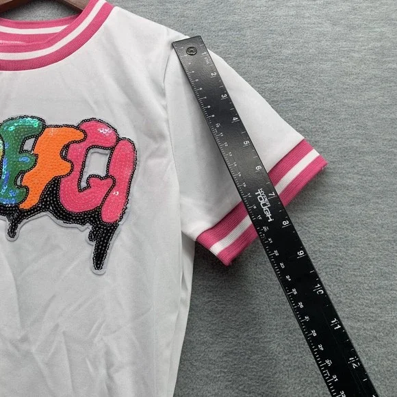 Women White Bodycon Shirts & Shorts with Sequined Front Logo Set Size XXL (A41) - Picture 8 of 13